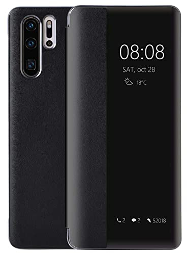 Gilt für P30 Pro Hülle, Luxus PU Leder Handyhülle, Smart View Flip Cover Schutzhülle [Intelligente Wake up-/Sleep](P30Pro,Schwarz)