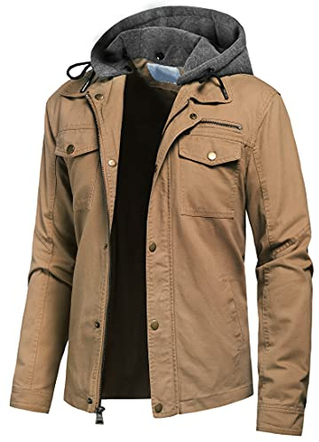 Pursky Men's Winter Casual Washed Cotton Hooded Multi-Pocket Fall Anorak Jacket Outwear Cargo Coat M Khaki