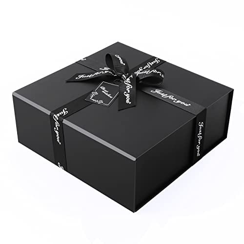 JiaWei Geschenkbox 33 x 31 x 11,5 cm Groß, Geschenkkarton mit Magnetisch Deckel & Kreuzförmige Schleife, mit Grußkarten & Seidenpapier - Schwarz (Stil-2)
