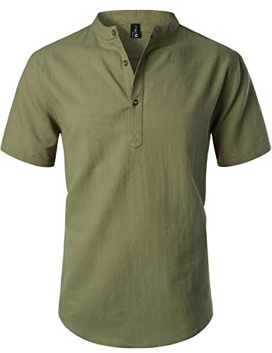 LucMatton Men's Casual Cotton Linen Short Sleeve Henley Shirt Summer Lightweight Banded Collar Beach Tops Army Green X-Large