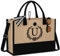 QLOVEA Initiale Jute-Strandtasche mit Riemen und Tasche, personalisiertes Geburtstagsgeschenk für Mutter, Lehrer, Freunde, Brautjungfern, Schwarz und Leinengelb, X-Large