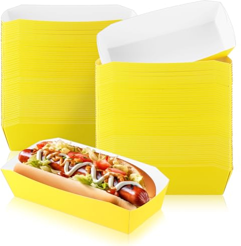 Yeaqee 100 Pcs 7'' Vibrant Yellow Boat Style Hot Dog Trays Disposable Paper Food Nacho Boats Hot Dog Holders Serving Trays for Carnivals, Parties, Dinner, Cookouts