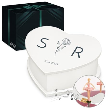 Maverton personalisierte Musikschmuckdose in Herzform mit Aufzieh-Spieluhr - Schmuckkästchen Ballerina Spieldose - Herz Schmuckkiste für Mädchen zur Taufe Erstkommunion - zu Weihnachten - Monochrom