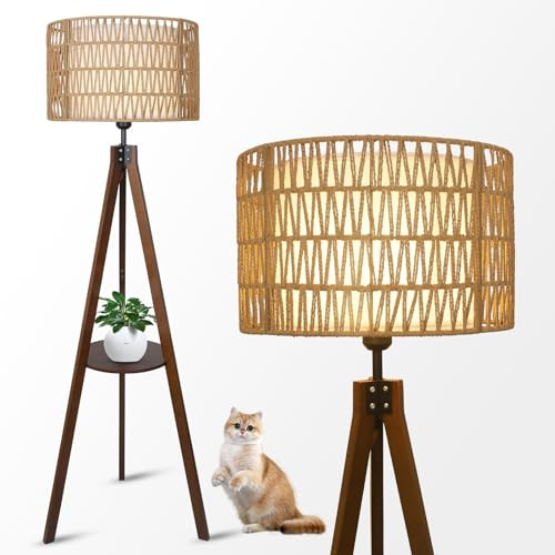 Rayofly lámpara de pie de madera para salón, lámpara de pie de ratán con estante y trípode, lámpara de pie boho con pantalla de ratán y lino, lámpara de pie vintage para dormitorio