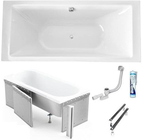 ECOLAM Grande baignoire rectangulaire en acrylique Tami 200x90 cm | Ideal pour deux | revêtement en polystyrène à carreler | garniture de vidage + pieds et silicone | Set complet |