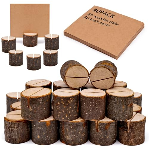 Fahibin 20pcs Stands Numéro Table Bois,Porte-Cartes de Table En Bois Rustique,Rustique Porte Menu en Bois,Pour mémo, cartes postales (20 supports + 20 cartes en papier)