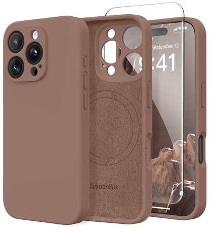 SuydanBox Magnetic for iPhone 16 Pro Case, Compatible with MagSafe, [Full Camera Protection][Screen Protector] Silicone Shockproof Protective Phone Case for iPhone 16 Pro 6.3, Brown