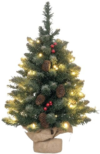 HOMCOM Mini Künstlicher Weihnachtsbaum 60 cm künstlich Tannenbaum mit LED Lichtern, 86 Spitzen 7 Tannenzapfen Zementbasis, Christbaum Weihnachtsdeko für drinnen Büro Wohnzimmer