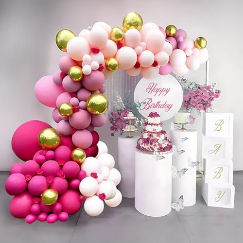 Arco de Globos para Decoracion Boda y Cumpleaños. Set de 137 pcs para Decoracion Baby Shower Niña, Bautizo y Primera Comunion Niña. Arco de globos fucsia, rosa, blancos y dorados con kit de montaje