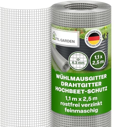 TTL GARDEN Griglia per topi da arvicole, 2,5 m x 1,1 m, zincata e antiruggine, 6,3 mm, maglia da 0,55 mm, spessore filo da 110 cm x 250 cm