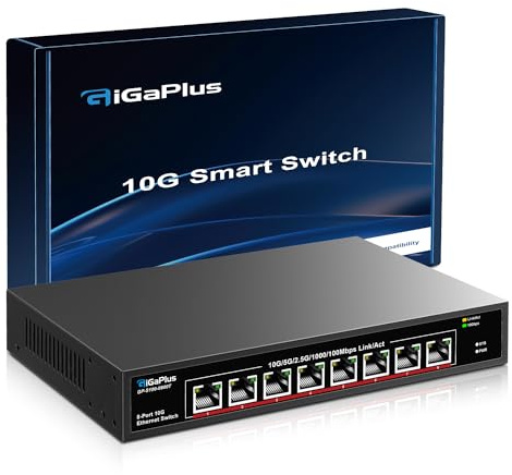 8 Port 10Gb Ethernet Switch Unmanaged, 8X 10Gbe Base-T Ports, GiGaPlus 10G Network Switch for 10Gbps NAS, PC, WiFi7 Router, 10Gbps Adapter/NIC. Desktop/ 19-inch Rack Mount, Plug and Play