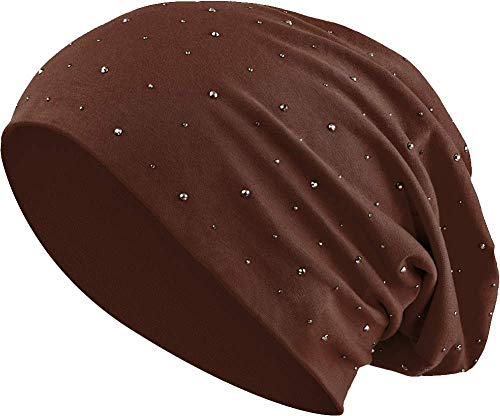 Jersey Baumwolle elastisches Long Slouch Beanie Unisex Herren Damen mit Strass Stern Steinen Mütze Heather in 35 (7) (Brown)