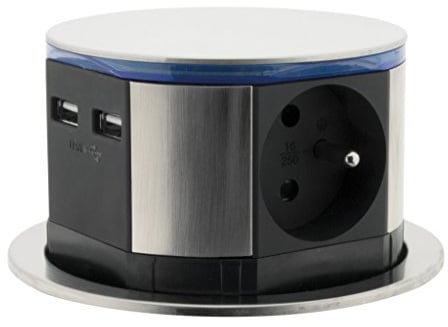 Otio - Bloc multiprise encastrable compact LED 3 prises 16A 2P+T & 2x USB - inox
