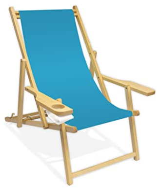 Holz-Liegestuhl mit Armlehne und Getränkehalter, Klappbar, Wechselbezug (Hellblau)