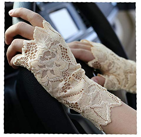 SHOUtao Gloves Summer Ladies Cute Short Half Finger Concealer Scar Tattoo Gloves Thin Half Half Gloves, Apricot Peony - 19Cm