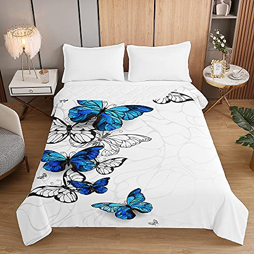 Surwin Tagesdecke Bettüberwurf Steppdecke für Doppelbett Einzelbett, Mikrofaser Wattiert Gesteppt Bettdecke 3D Schmetterling Dünne Tagesdecken mit Ultraschall Prägung (Blau,150x200cm)
