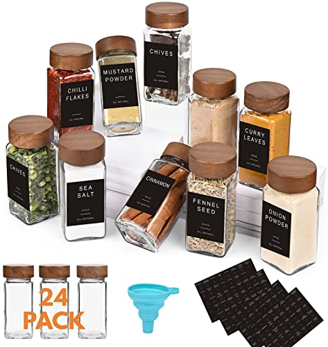Yangbaga 24Pcs Glass Spice Jars with Labels，4oz Empty Square Spice Bottles with Acacia Wood lid & Shaker Lids and Silicone Collapsible Funnel Included…