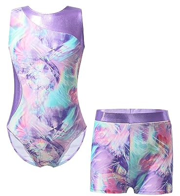 YiZYiF Mädchen Turnanzug Glänzend Gymnastik Leotards Ballett Trikot Tanz Body mit Shorts Kurze Hose Sport Overall Yoga Set Wettbewerb Tanzkostüm A_Bunt-Schatten 134-140/9-10 Jahre