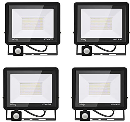 Jefedana 4PACK - 100W Projecteur LED détecteur de mouvement,Blanc Froid (6000K) 10000LM Projecteur LED Exterieur Avec Detecteur Imperméable IP66 Projecteur LED de sécurité pour, garage, couloir