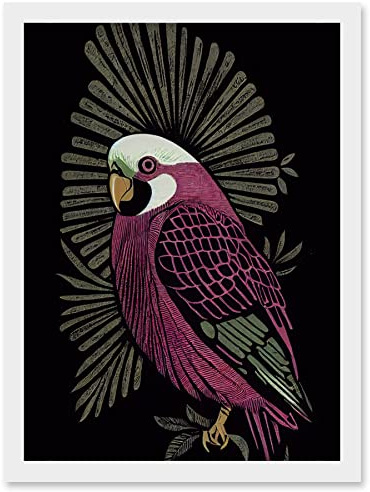 Wee Blue Coo Tropical Bird Jungle Deep Green Linocut Retro Vintage Artwork Framed Wall Art Print A4