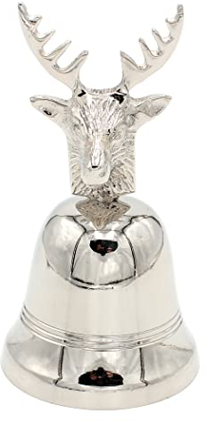 Dekohelden24 Glocke, Tischglocke aus Aluminium mit Hirschkopf aus Metall in Silber, Maße H/Ø: ca. 12,5 x 6,5 cm