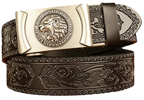 YOPADO Herren Ratsche Gürtel Schwarz Western Ledergürtel Tiere Kopf Automatikschließe Verstellbare Abnehmbar Unisex Jeans Belt Mit Geprägtem Ornament Muster(120cm/waist:40~42, Lion~B)