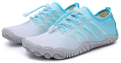 AONETIGER Badeschuhe Herren Wasserschuhe Damen Strandschuhe Sommer Atmungsaktiv Barfußschuhe rutschfeste Schwimmschuhe Surfschuhe Aquaschuhe Fitnessschuhe(Weiß Blau,37EU)