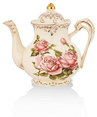CHILDIKE Europäische Porzellan-Teekanne mit Vintage-Blumenmuster, elfenbeinfarbener Goldrand, Geschenk für Frauen, rote Rose, 800 ml
