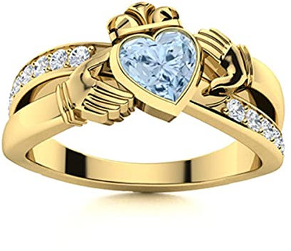Claddagh-Iren 5MM Herzform Aquamarin Edelstein Solitär Verlobungsring 925 Sterling Silber (Gold-Vermeil, 58)