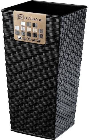 KADAX Macetero Alto de Diseño Moderno para Plantas de Interior y Exterior, Maceta Grande de Plástico, Jardinera Alta (Negro, Imitación Ratán, 36 cm)