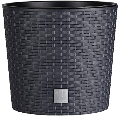 Tymar Blumentopf mit Einsatz, Gross, Rattan, Blumenkübel aus Kunststoff, Übertopf, Runde Form, Innen- und Außenbereich (Anthrazit niedrig, ø 30 cm)