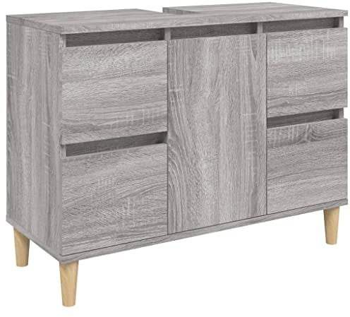 vidaXL Waschbeckenunterschrank, Badschrank mit 4 Schubladen 1 Fach, Waschtisch Unterschrank mit Holzbeinen Tür, Schrank Badunterschrank Badmöbel, Grau Sonoma Holzwerkstoff