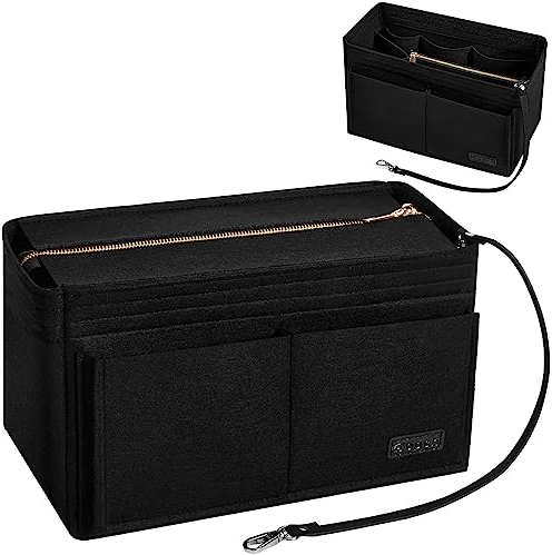 Ropch Organizer per borse in feltro, tasche interne, raccoglitore per borse con cerniera rimovibile e catena portachiavi (nero, 1, XL)