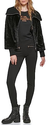 KARL LAGERFELD Paris Damen Kunstpelz Jacke, Strickkragen, Schwarz, L