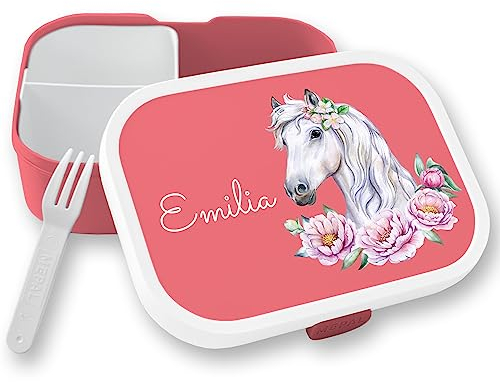 Brotdose Kinder Campus für Mepal - Pferd Pferde - Lunchbox Pferdekopf Brotbox Pferdemädchen Geschenk Mädchen I - 750 ml - Rosa - personalisierte brotdosen 1. klasse geschenke horse reiten