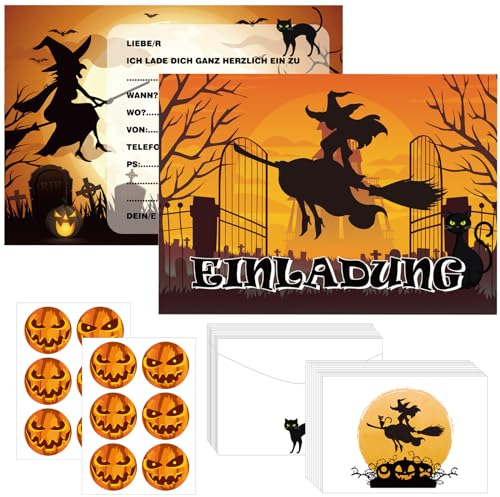 Halloween Einladungskarten Kinder,12 Halloween Party Einladungen mit Umschlägen Halloween Aufklebern,Halloween Einladungskarten,Kürbis Hexe Schloss Spooky Thema Einladungskarte für Grusel Party (A)