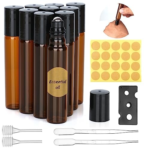 Essential Oil Roller Bottles, 10pc Set with Stainless Ball, 10ml Glass Bottles, Opener, Dropper, Pipette, Labels for Essential Oils & Fragrance - Brown