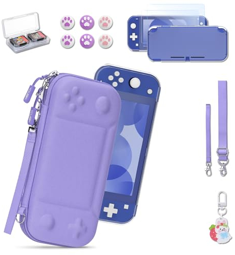 Younik Switch Lite Hülle, 14-in-1 Zubehör mit Switch Lite Tasche, klare Schutzhülle, Spielkartenhülle, 2 Bildschirmschützern, 6 Daumengriffen, Anhänger, Lila Tragetasche für Switch Lite