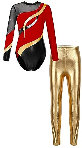 Hedmy Kinder Mädchen Glänzende Gymnastikanzug Turnanzug Langarm Tanzbody mit Jogginghose Leotard Trainingsanzug Rotes Gold 134-140