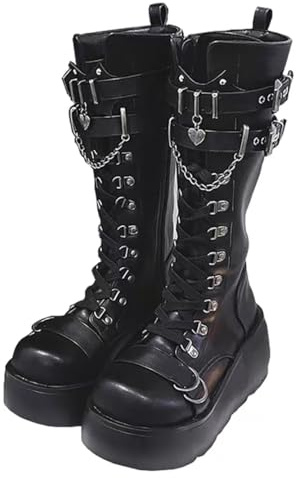 Ulalaza Bottines gothiques pour femmes avec plateforme et boucles chauve-souris, talons épais, bout rond, fermeture éclair, bottes de combat de moto punk, bottines gothiques courtes et confortables