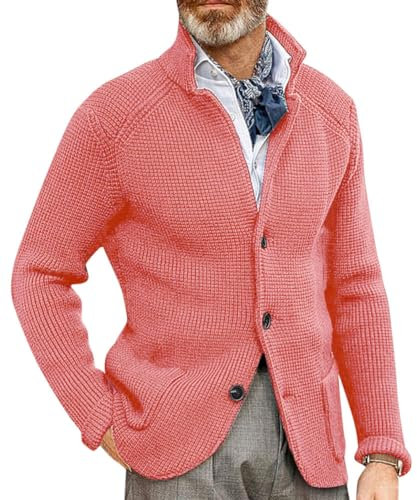 Oanviso Cardigan da Uomo Maglione Invernali Maglioni con Pulsante Maglia a Maniche Lunghe Scollo a V Giacca a Maglia Casual Cappotto Caldo Comodo A Rosa L