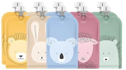 Cherub Baby Lot de 10 pochettes alimentaires rechargeables de 150 ml, étanches, passent au congélateur, sans BPA, pour tout-petits et bébés, collations, réutilisables, faciles à remplir, motif animal