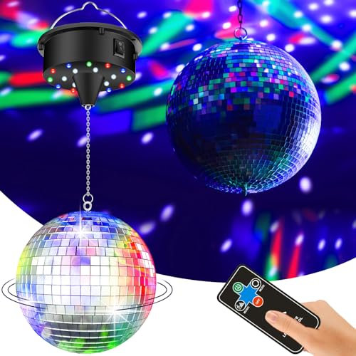 10 RPM Disco Ball with Motor and Mirror Ball — Plug/Battery Powered Disco Ball Light with 4 Color Lights,18 LED Beads and Mirror Ball, Christmas Party, Back to 70s Theme Party Supplies
