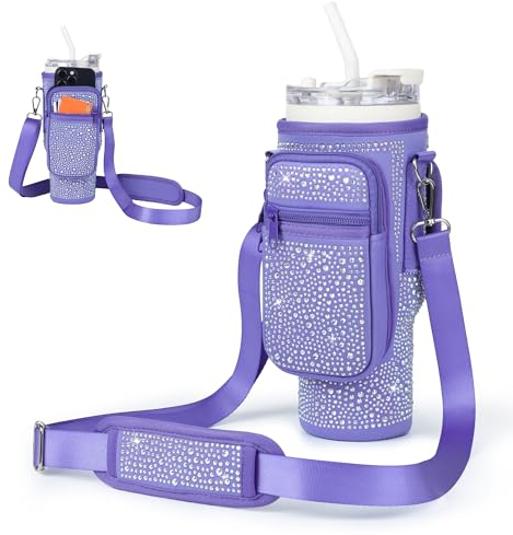 Bling Diamond Water Bottle Carrier Bag with Phone Pocket for Stanley 40/30 oz Tumbler with Card Holder,Neoprene Water Bottle Holder Pouch with Adjustable Strap for Stanley Cup Accessories