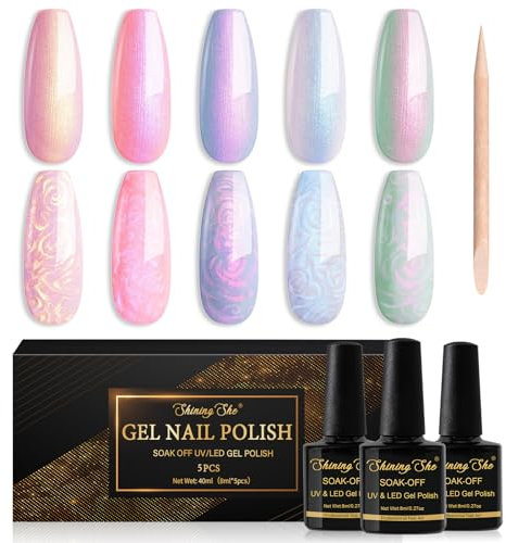 Shining She Pearl Gel Nail Polish, 5 Colors Pink Purple Shimmer Mermaid Gel Polish Soak-Off UV/LED Nail Polish Swirl Thread Effect Nail Art Salon DIY Home, 8ML