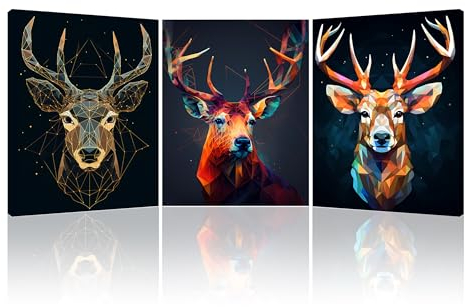 Piy Painting Bunte Hirsch Bilder Tierbilder Modern Wandbilder Leinwandbild Set, Wanddekoration mit Innenrahmen für Küche, Restaurant, Café und Büro 3 STK. 30x40cm, Fertig zum Aufhängen