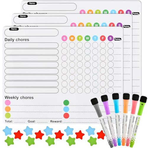 CENBEN 3PCS Magnetic Chores Chart for K ids with 6PCS Fine Tip Markers, Reusable Magnetic Reward Chart Chores Board for Family, Magnetic Dry Erase Daily Weekly Whiteboard Planner for Fridge at Home