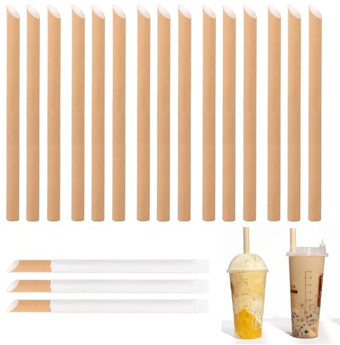 100 Stück Breite Papier Strohhalme, Bubble Tea Strohhalm aus Papier, Strohhalme Einzeln Verpackt, Trinkhalme aus Kraftpapier, Biologisch Abbaubare, für Milchtee, Milchshakes, Perlen