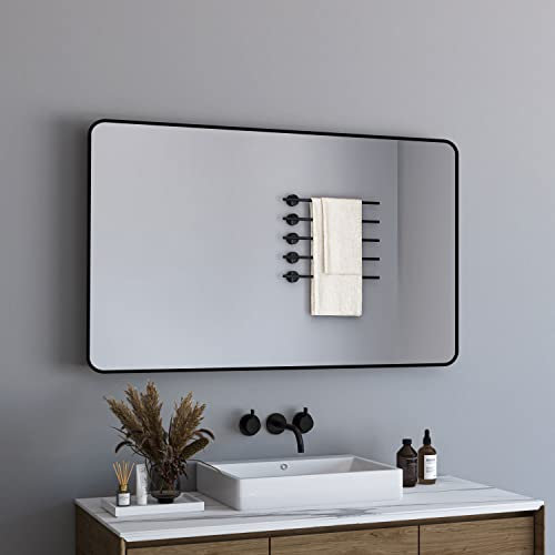 BD-Baode Spiegel 70x120cm Wandspiegel mit Hochwertigen Schwarz Metallrahmen, Abgerundeter Rechteckiger Designspiegel, für Diele, Badezimmer, Wohnzimmer und Mehr