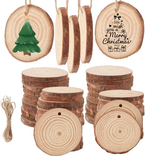 APACALI 100 Stück Holzscheiben 5CM, Holzscheiben zum Basteln mit Loch, Baumscheiben mit Rinde, Rund Holz Log Scheiben, Unvollendete Holzkreise für DIY, Hochzeit, Mittelstücke Weihnachten Dekoration